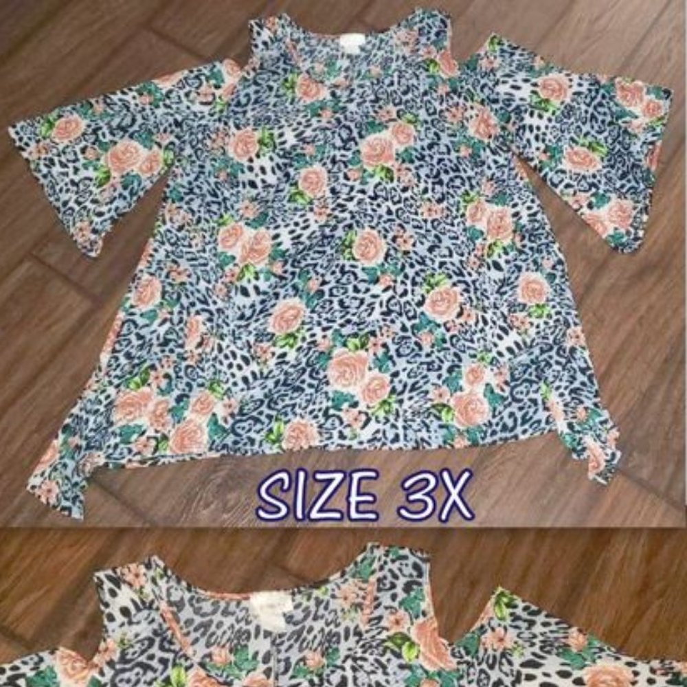 WOMEN'S SIZE 3X TUNIC TOP-MINI DRESS- ANIMAL/FLORAL PRINT- COLD SHOULDER